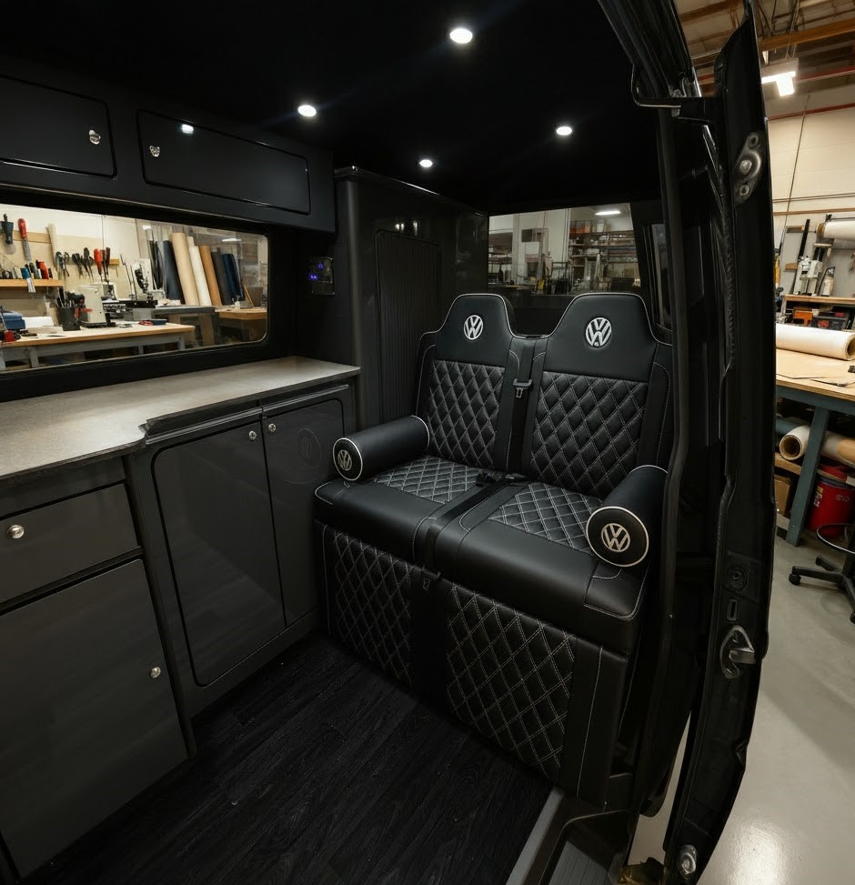 Rock n roll bed black vinyl with white Bentley stitch and matching VW bolsters Blue Note Upholstery